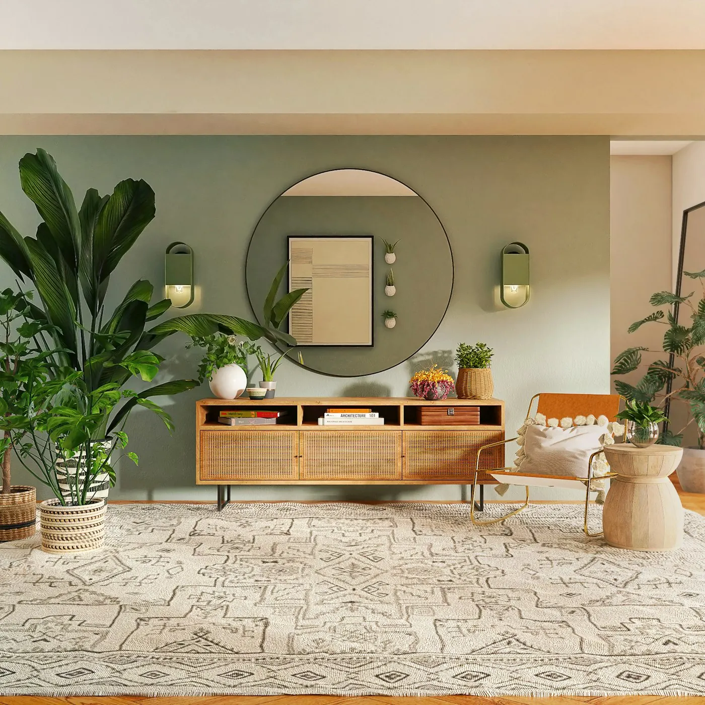 The shop sitting room, sage wall and cane cabinet